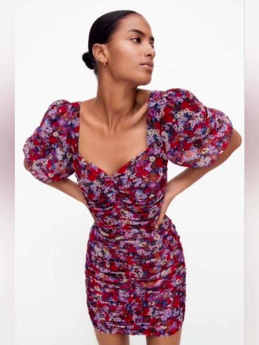 Zara Floral Sweetheart Puff-Sleeve Ruched Mini Dress